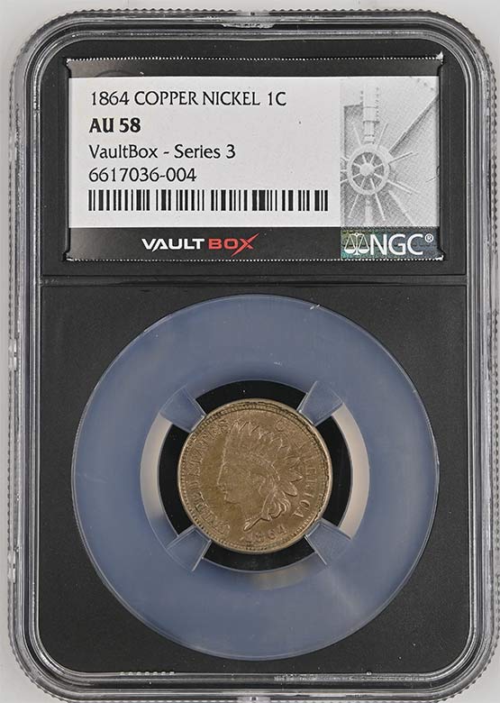 1864 Copper Nickel Indian Head Cent NGC AU58 Vaultbox Series 3 Front