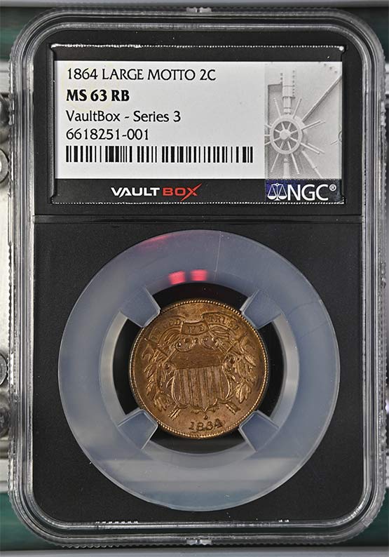 1864 Large Motto Shield Two-Cent Piece NGC MS63RB Vaultbox Series 3 Front