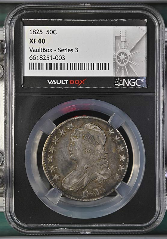 1825 Capped Bust Lettered Edge Half Dollar NGC XF40 Vaultbox Series 3 Front
