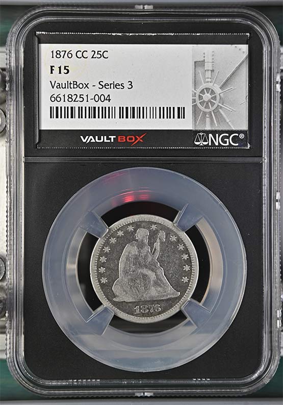 1876-CC Seated Liberty Quarter NGC F15 Vaultbox Series 3 Front