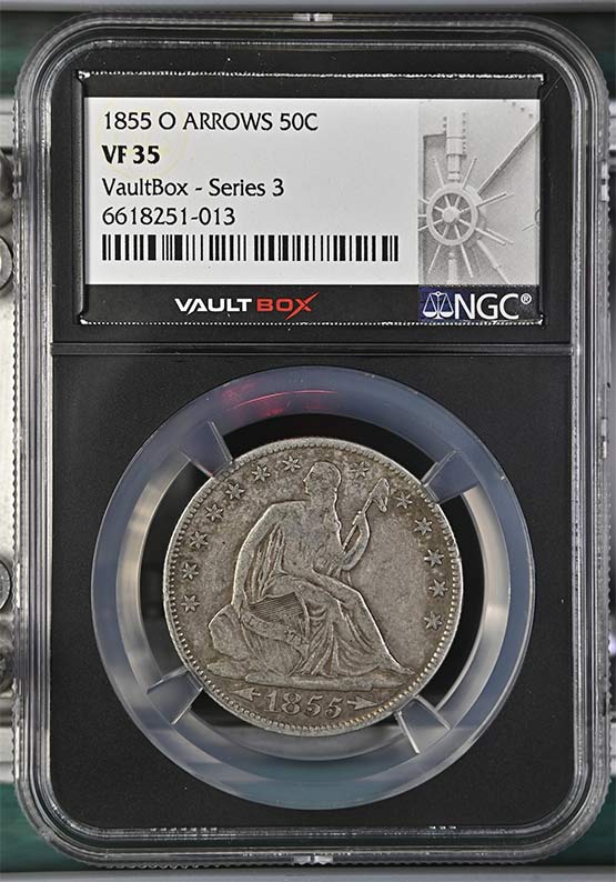 1855-O Arrows Seated Liberty Half Dollar NGC VF35 Vaultbox Series 3 Front
