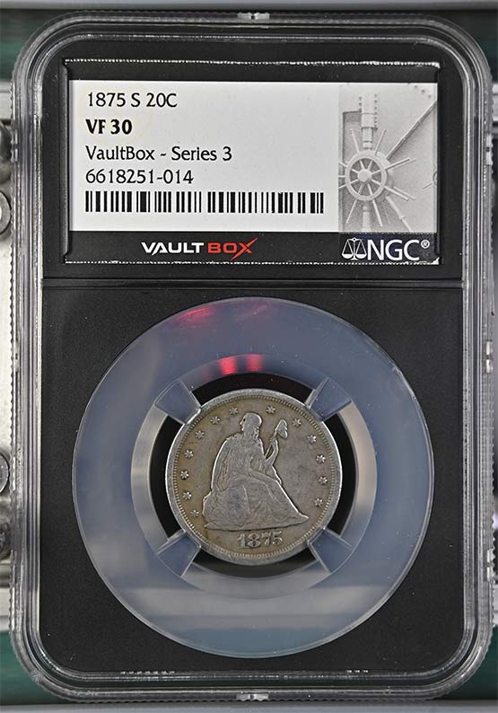 1875-S Seated Liberty Twenty-Cent Piece NGC VF30 Vaultbox Series 3 Front