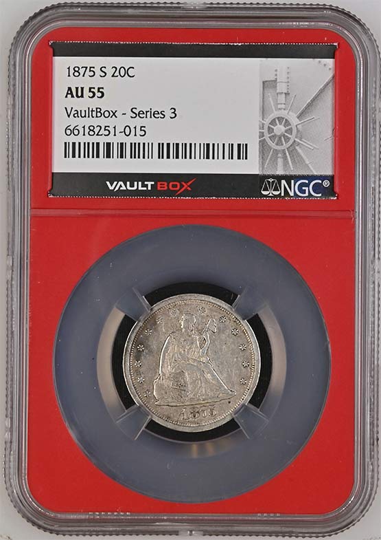 1875-S Seated Liberty Twenty-Cent Piece NGC AU55 Vaultbox Series 3 Front