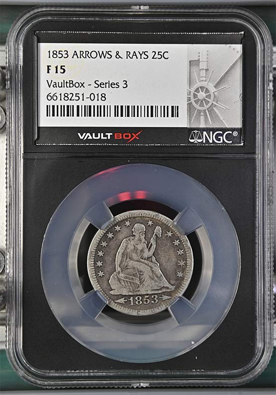 1853 Arrows & Rays Seated Liberty Quarter NGC F15 Vaultbox Series 3 Front
