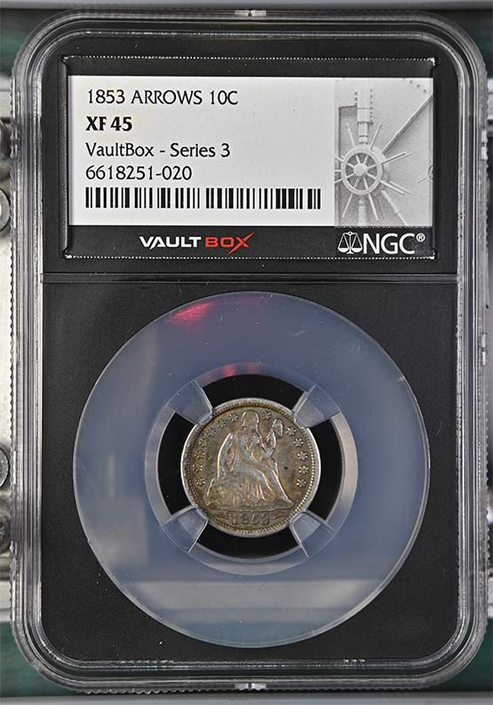 1853 Arrows Seated Liberty Dime NGC XF45 Vaultbox Series 3 Front