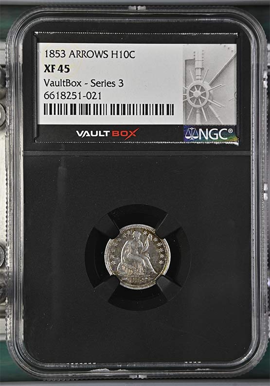 1853 Arrows Seated Liberty Half Dime NGC XF45 Vaultbox Series 3 Front