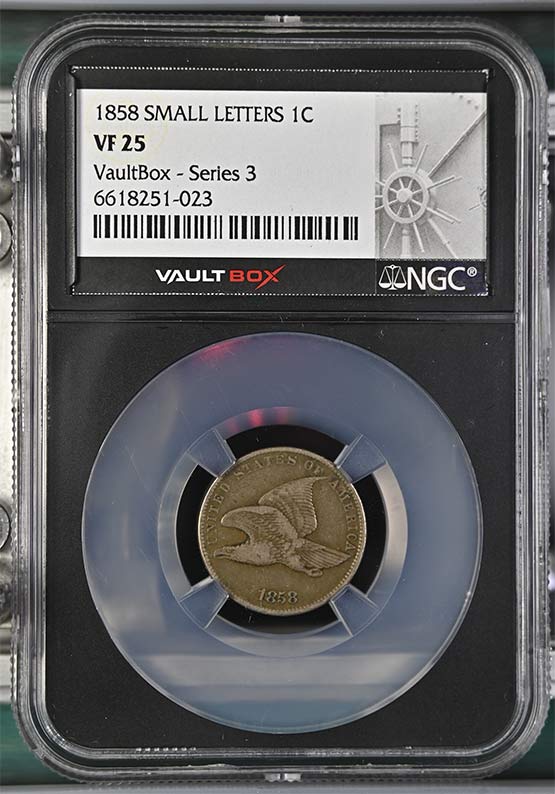 1858 Small Letters Flying Eagle Cent NGC VF25 Vaultbox Series 3 Front