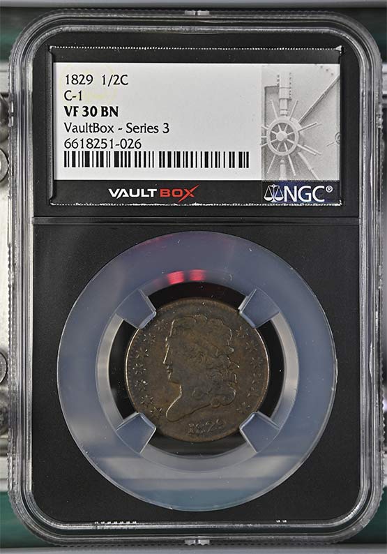 1829 Classic Head Half Cent NGC VF30BN Vaultbox Series 3 Front