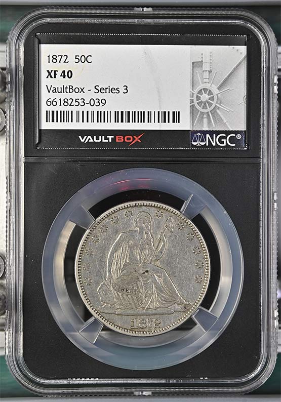 1872 Seated Liberty Half Dollar NGC XF40 Vaultbox Series 3 Front