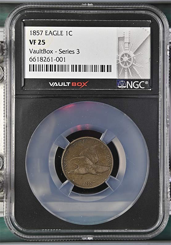 1857 Flying Eagle Cent NGC VF25 Vaultbox Series 3 Front
