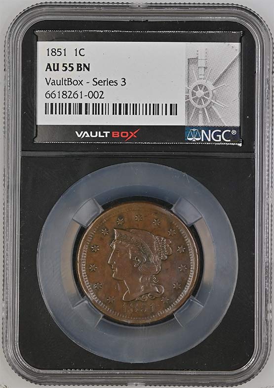 1851 Braided Hair Large Cent NGC AU55BN Vaultbox Series 3 Front