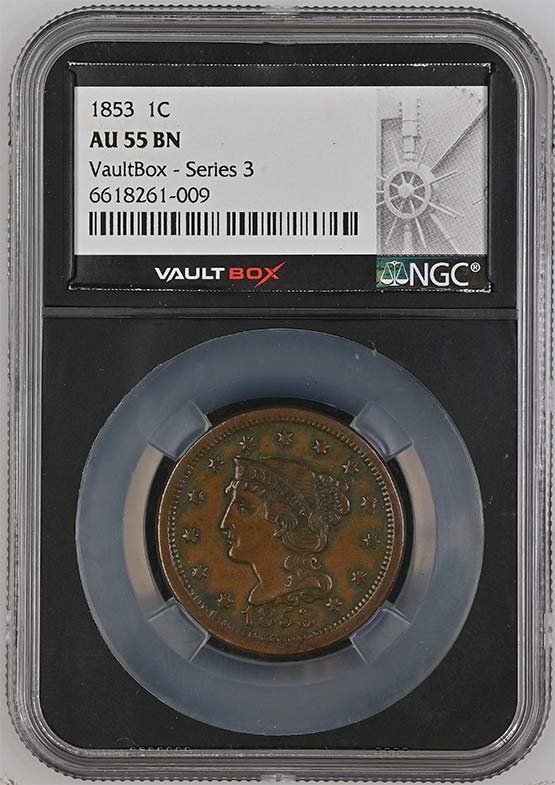 1853 Braided Hair Large Cent NGC AU55BN Vaultbox Series 3 Front