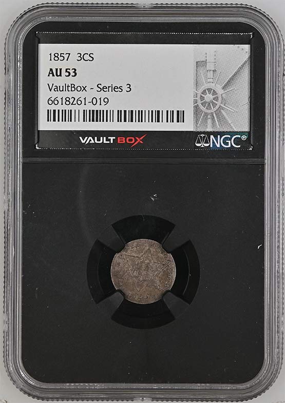 1857 Three-Cent Silver Piece NGC AU53 Vaultbox Series 3 Front