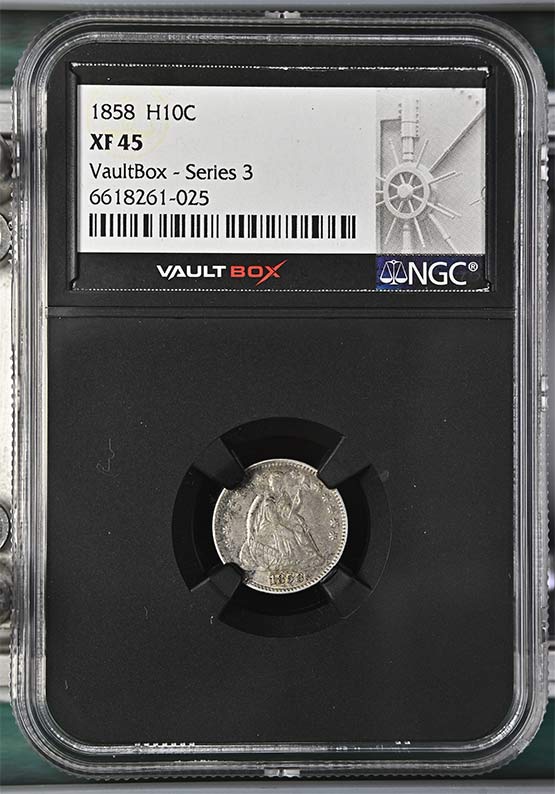 1858 Seated Liberty Half Dime NGC XF45 Vaultbox Series 3 Front