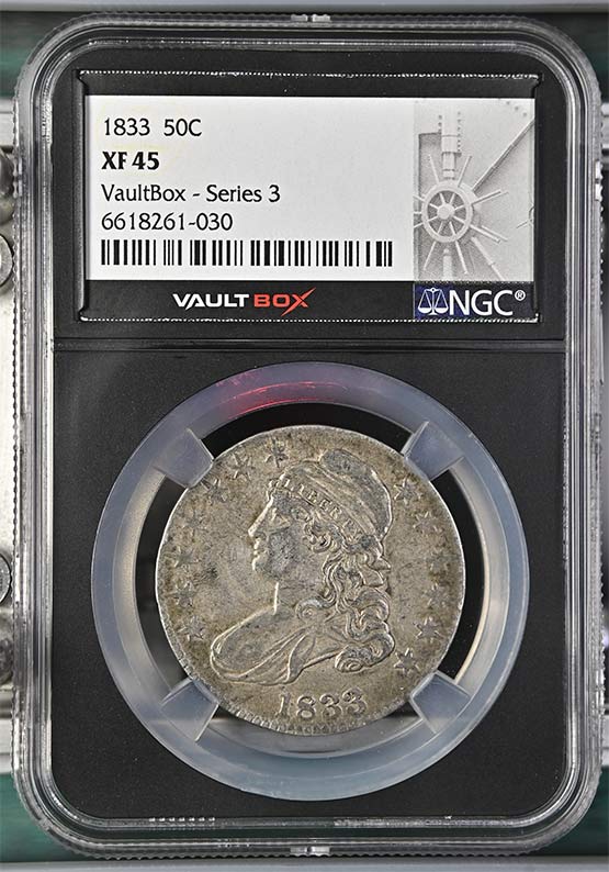 1833 Capped Bust Lettered Edge Half Dollar NGC XF45 Vaultbox Series 3 Front