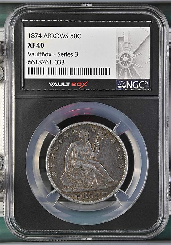 1874 Arrows Seated Liberty Half Dollar NGC XF40 Vaultbox Series 3 Front