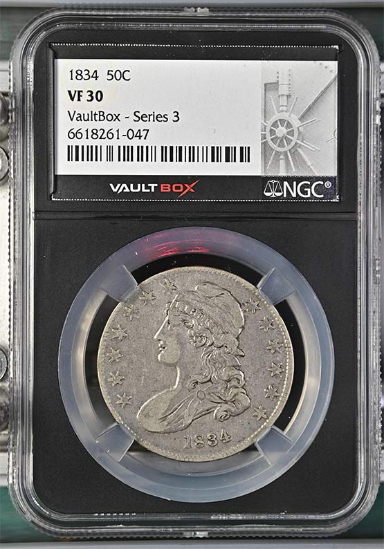 1834 Capped Bust Lettered Edge Half Dollar NGC VF30 Vaultbox Series 3 Front
