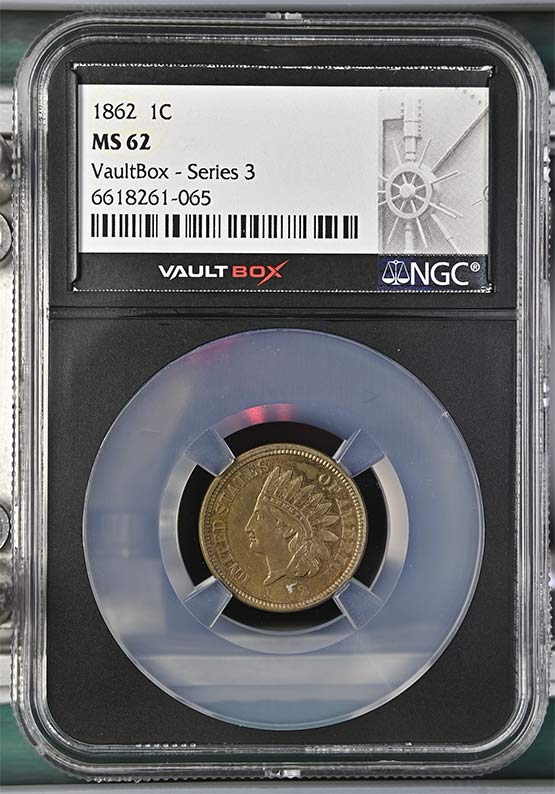 1862 Copper Nickel Indian Head Cent NGC MS62 Vaultbox Series 3 Front