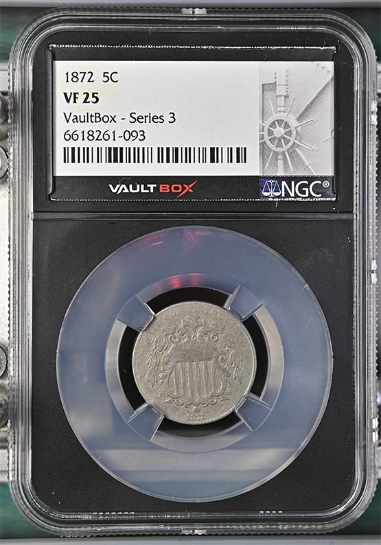 1872 Shield Nickel NGC VF25 Vaultbox Series 3 Front