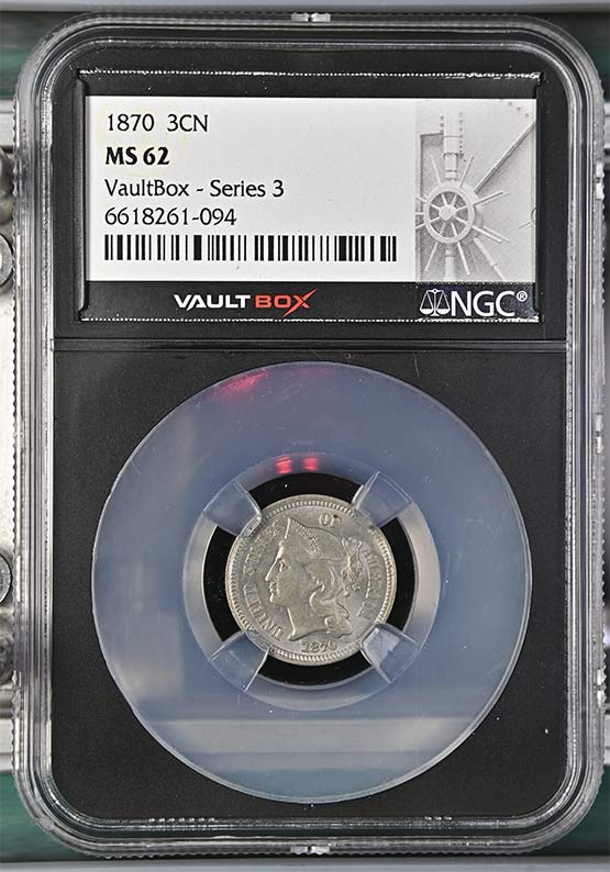 1870 Three-Cent Nickel NGC MS62 Vaultbox Series 3 Front