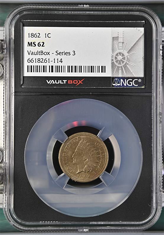 1862 Copper Nickel Indian Head Cent NGC MS62 Vaultbox Series 3 Front