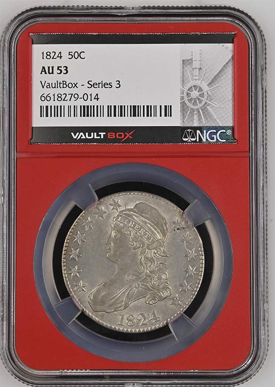 1824 Capped Bust Lettered Edge Half Dollar NGC AU53 Vaultbox Series 3 Front