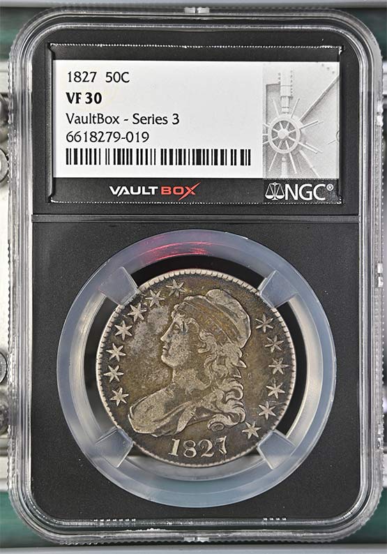 1827 Capped Bust Lettered Edge Half Dollar NGC VF30 Vaultbox Series 3 Front