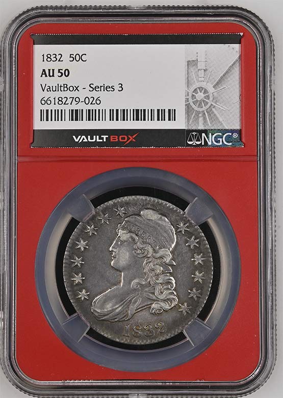 1832 Capped Bust Lettered Edge Half Dollar NGC AU50 Vaultbox Series 3 Front