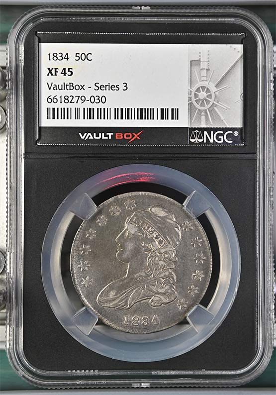 1834 Capped Bust Lettered Edge Half Dollar NGC XF45 Vaultbox Series 3 Front