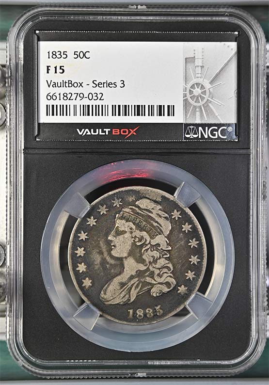 1835 Capped Bust Lettered Edge Half Dollar NGC F15 Vaultbox Series 3 Front