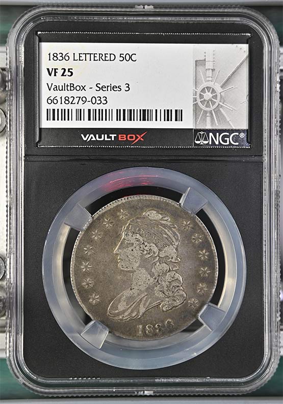 1836 Capped Bust Lettered Edge Half Dollar NGC VF25 Vaultbox Series 3 Front