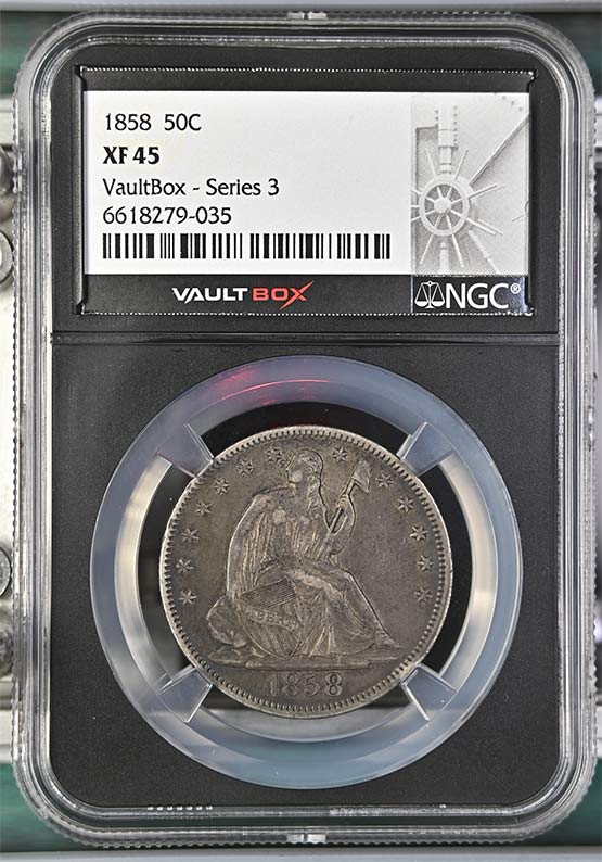 1858 Seated Liberty Half Dollar NGC XF45 Vaultbox Series 3 Front