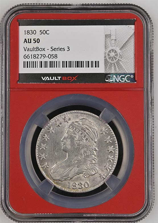 1830 Capped Bust Lettered Edge Half Dollar NGC AU50 Vaultbox Series 3 Front