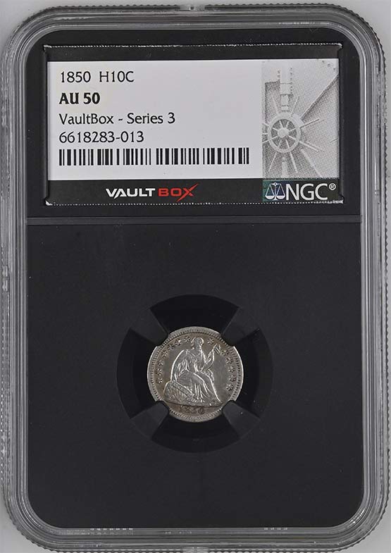1850 Seated Liberty Half Dime NGC AU50 Vaultbox Series 3 Front