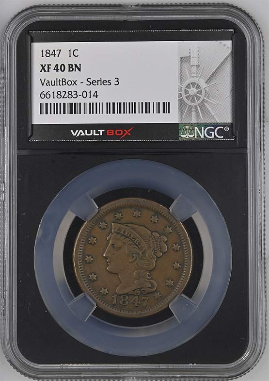 1847 Braided Hair Large Cent NGC XF40 Vaultbox Series 3 Front
