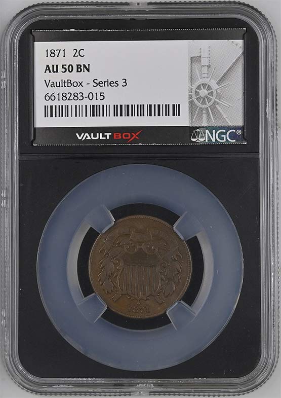 1871 Shield Two-Cent Piece NGC AU50 Vaultbox Series 3 Front