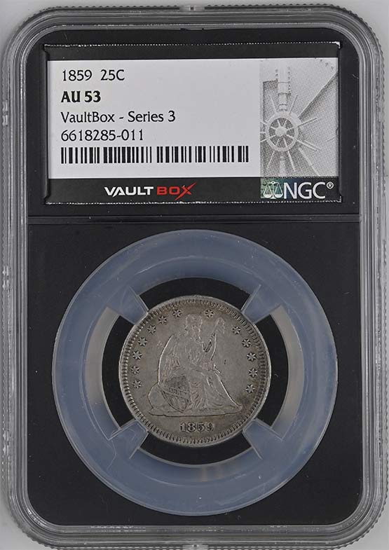 1859 Seated Liberty Quarter NGC AU53 Vaultbox Series 3 Front