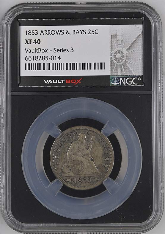 1853 Arrows & Rays Seated Liberty Quarter NGC XF40 Vaultbox Series 3 Front