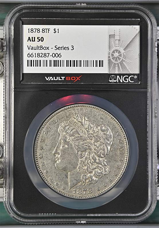 1878 $1Morgan Silver Dollar NGC AU50 Vaultbox Series 3 Front
