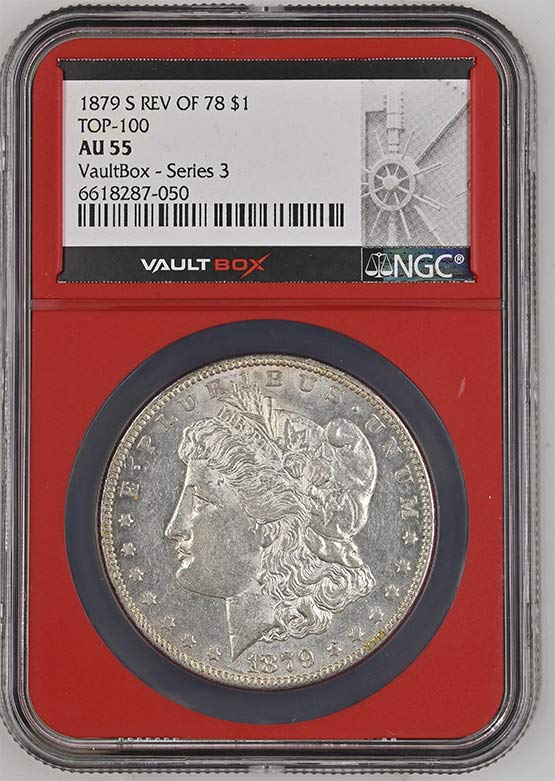 1879-S Reverse of 78' $1 Morgan Silver Dollar NGC AU55 Vaultbox Series 3 Front