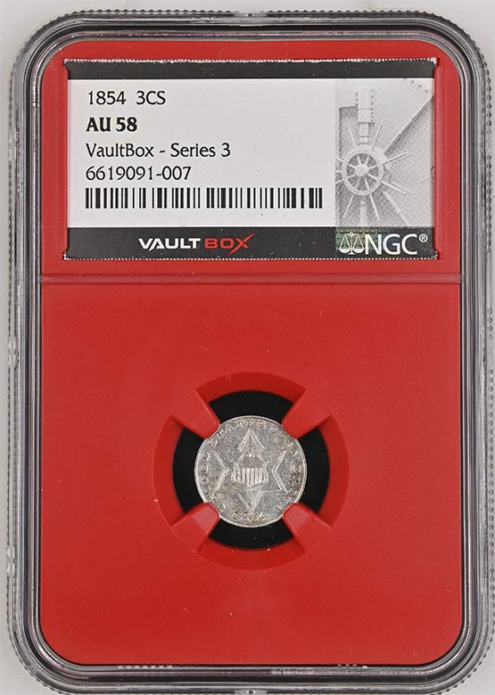1854 Three-Cent Silver Piece NGC AU58 Vaultbox Series 3 Front