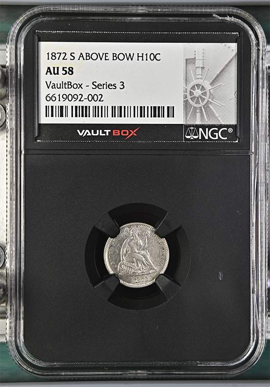1872-S Above Bow Seated Liberty Half Dime NGC AU58 Vaultbox Series 3 Front