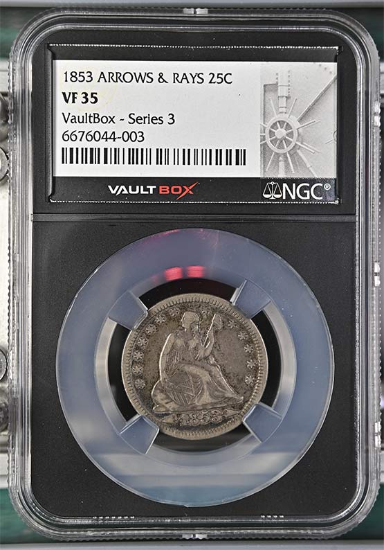 1853 Arrows & Rays Seated Liberty Quarter NGC VF35 Vaultbox Series 3 Front