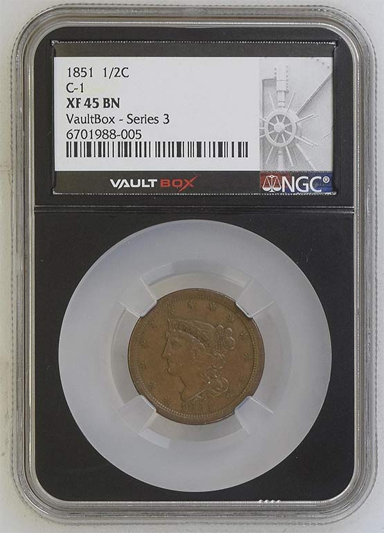 1851 C-1 Braided Hair Half Cent NGC XF45 Vaultbox Series 3 Front
