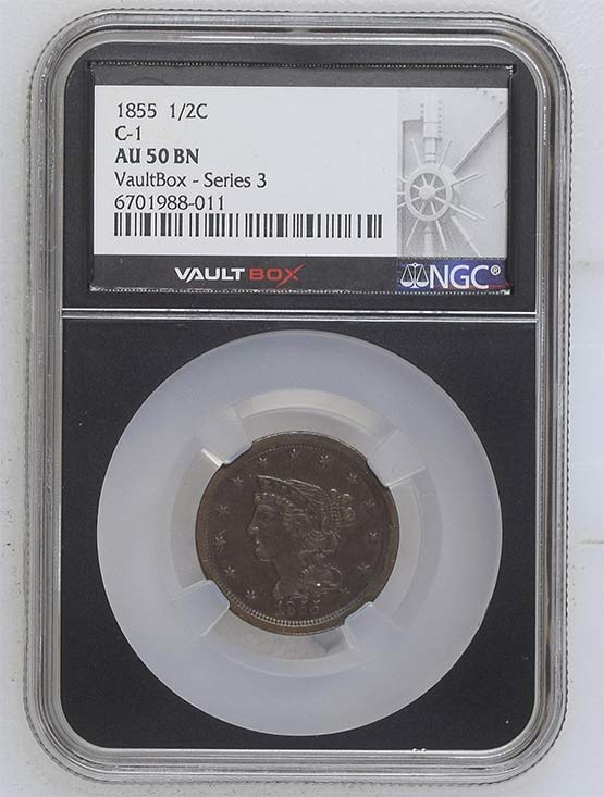 1855 C-1 Braided Hair Half Cent NGC AU50 Vaultbox Series 3 Front