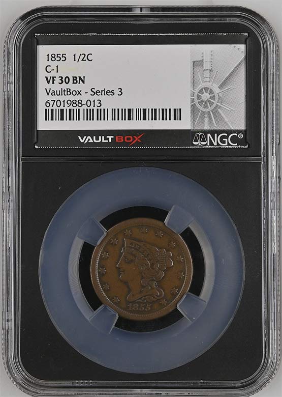 1855 C-1 Braided Hair Half Cent NGC VF30 Vaultbox Series 3 Front