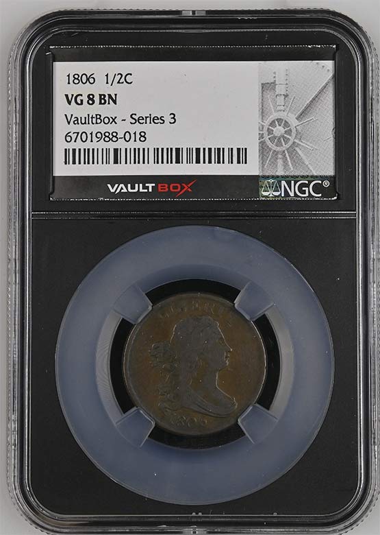 1806 Draped Bust Half Cent NGC VG8 Vaultbox Series 3 Front
