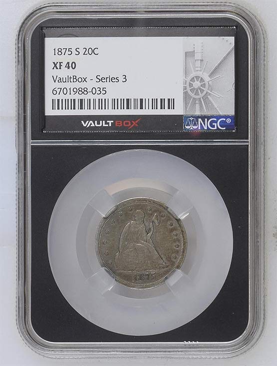 1875-S Seated Liberty Twenty-Cent Piece NGC XF40 Vaultbox Series 3 Front
