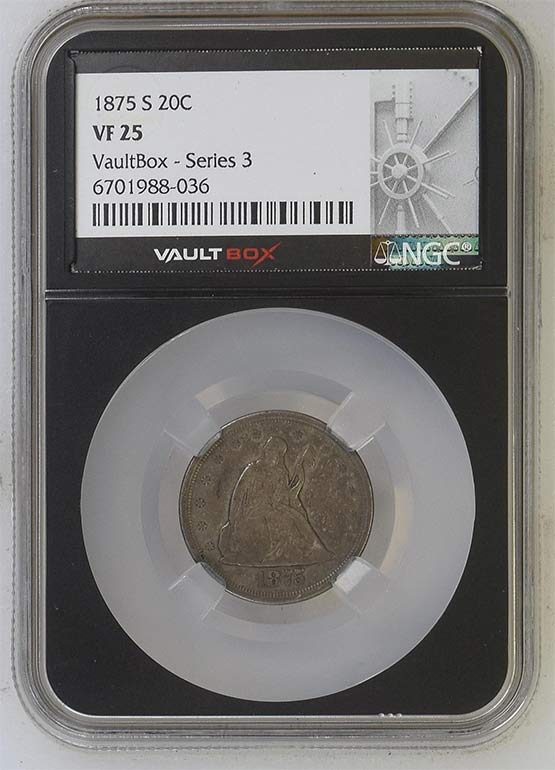 1875-S Seated Liberty Twenty-Cent Piece NGC VF25 Vaultbox Series 3 Front