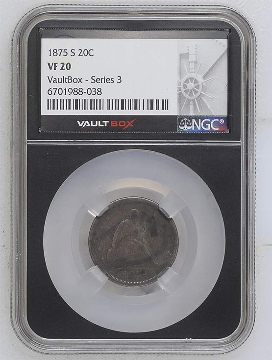 1875-S Seated Liberty Twenty-Cent Piece NGC VF20 Vaultbox Series 3 Front